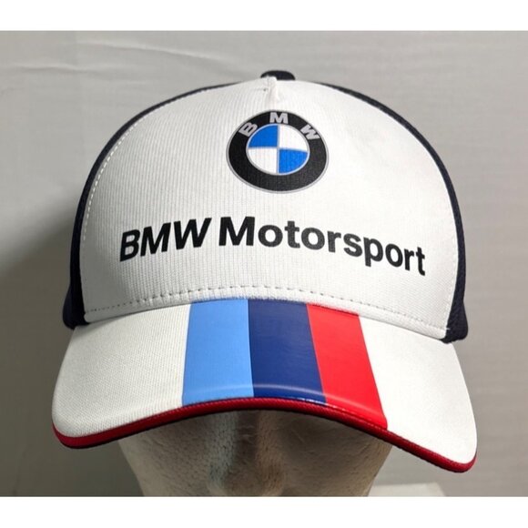 BMW Motorsport Cap Hat Snapback Adjustable Fit Stripe White Red Blue Navy - Picture 2 of 9